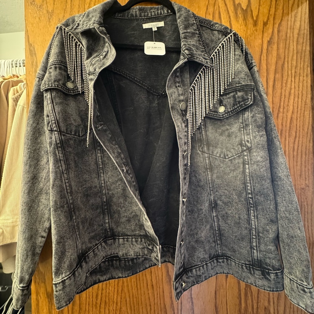 Veveret Black Denim Jacket with Rhinestone Fringe